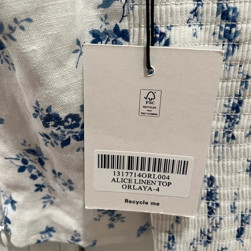 NWT REFORMATION Alice Romantic Floral-Print Puff-Sleeve Linen Blouse Orlaya 4